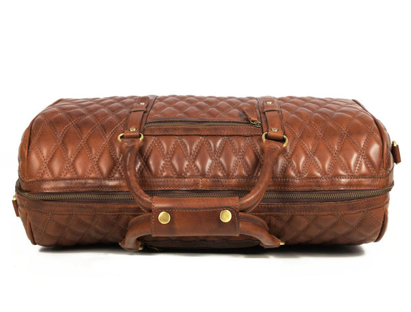 Spokane Diamond Stitched Leather Texture Weekender Bag - Shiny Brown - Aaron Leather Goods