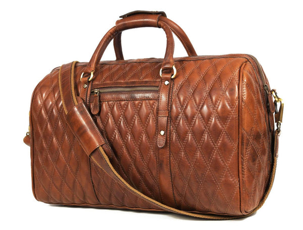 Spokane Diamond Stitched Leather Texture Weekender Bag - Shiny Brown - Aaron Leather Goods