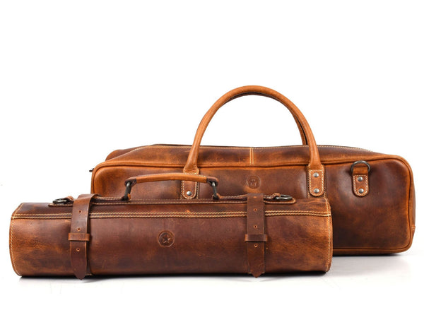 Tuscania Leather Knife Roll & Bag Combo - Caramel Brown - Aaron Leather Goods