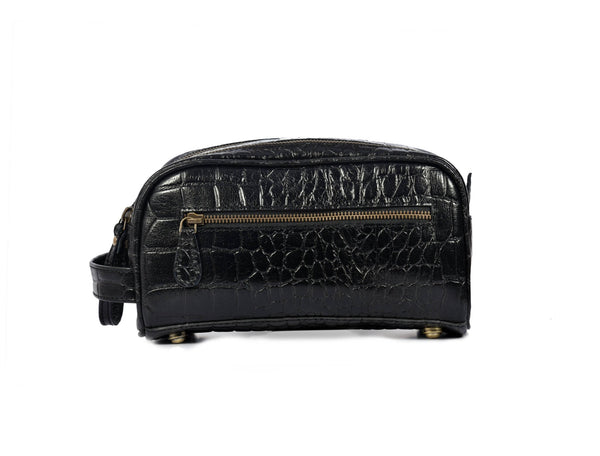 Aubrielle Leather Toiletry Bag - Black Croco - Aaron Leather Goods