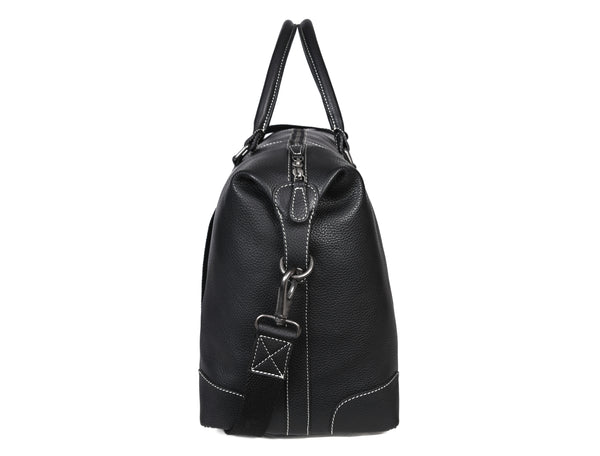 Black Full-Grain Leather Duffle Bag with White Stitching – Handmade Travel Weekender by Aaron Leather Goods"