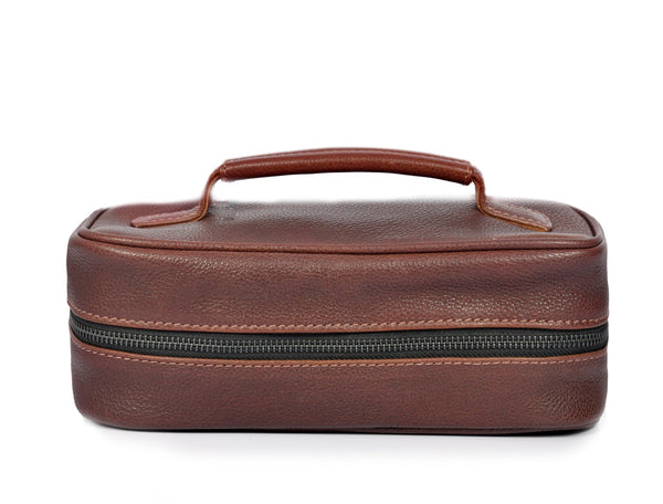 Aaron Reserve Leather Toiletry Bag for Men – Compact Travel Dopp Kit with Handle & Tartan Lining – Premium Brown Grain Leather - Aaron Leather Goods