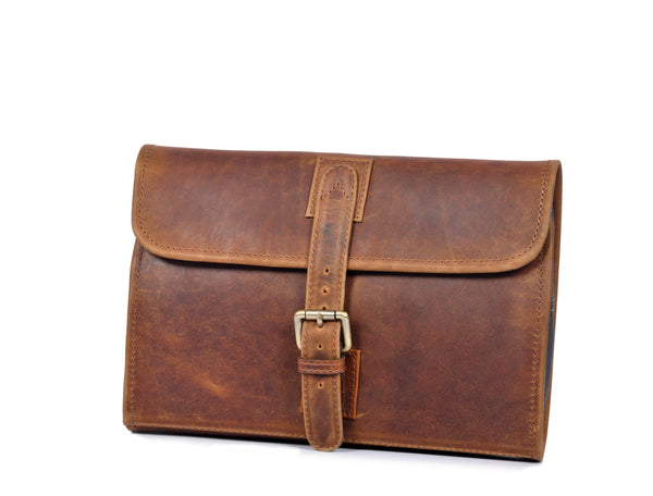 Premium Full-Grain Leather Hanging Toiletry Bag for Men – Travel Dopp Kit with Multiple Compartments & Hook – Vintage Brown - Aaron Leather Goods