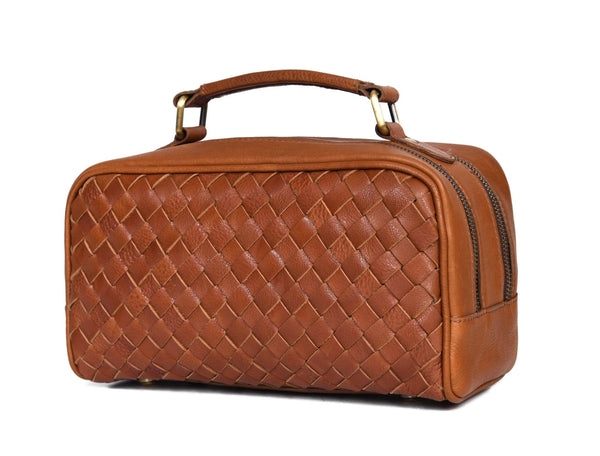 Handwoven Tan Leather Dopp Kit – Dual Zipper Toiletry Bag for Men | Premium Travel Organizer by Aaron Leather Goods - Aaron Leather Goods
