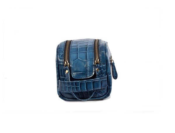 Aubrielle Leather Toiletry Bag - Blue Croco - Aaron Leather Goods