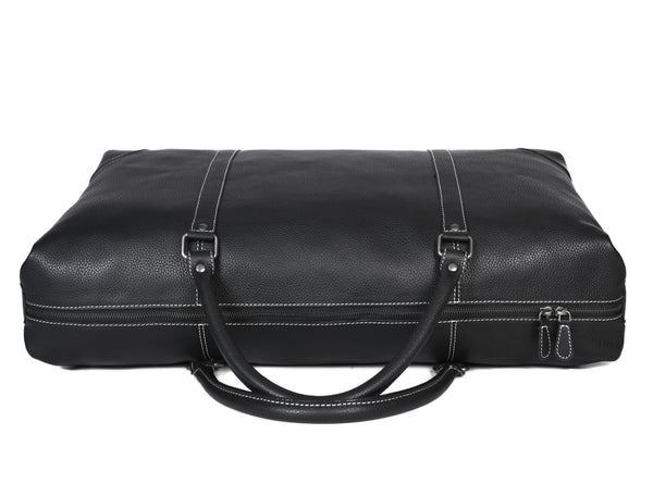 Black Full-Grain Leather Duffle Bag with White Stitching – Handmade Travel Weekender by Aaron Leather Goods"