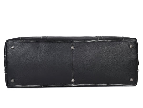 Black Full-Grain Leather Duffle Bag with White Stitching – Handmade Travel Weekender by Aaron Leather Goods"