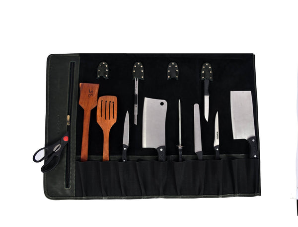Tuscania Leather Knife Roll - Seaweed Green - Aaron Leather Goods