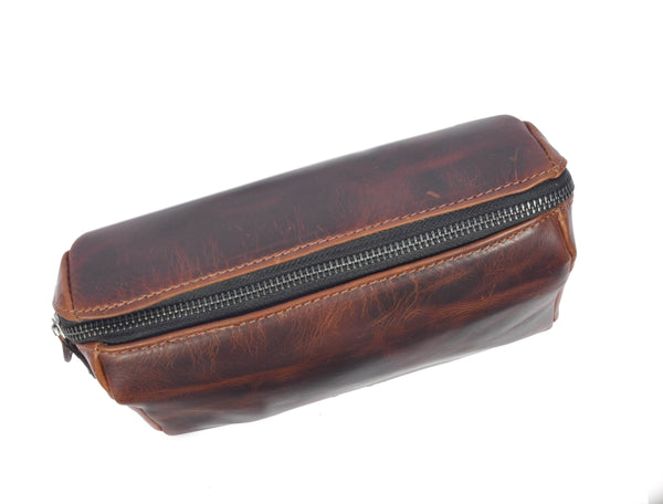 Aaron Reserve Vintage Leather Toiletry Bag for Men – Full-Grain Dual Tone Dopp Kit with Tartan Lining & Zipper Closure – Compact Travel Organizer (Model: LH-WB-176) - Aaron Leather Goods