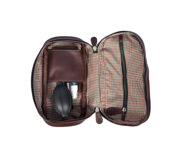 Aaron Reserve Leather Toiletry Bag for Men – Compact Travel Dopp Kit with Handle & Tartan Lining – Premium Brown Grain Leather - Aaron Leather Goods