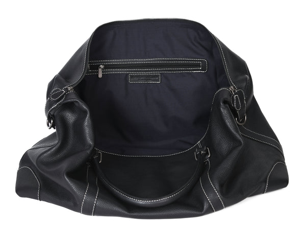 Black Full-Grain Leather Duffle Bag with White Stitching – Handmade Travel Weekender by Aaron Leather Goods"