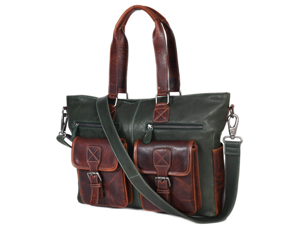 Vintage Green & Brown Leather Shoulder Bag for Women - Aaron Leather Goods
