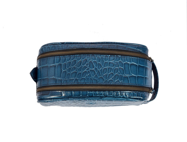Aubrielle Leather Toiletry Bag - Blue Croco - Aaron Leather Goods