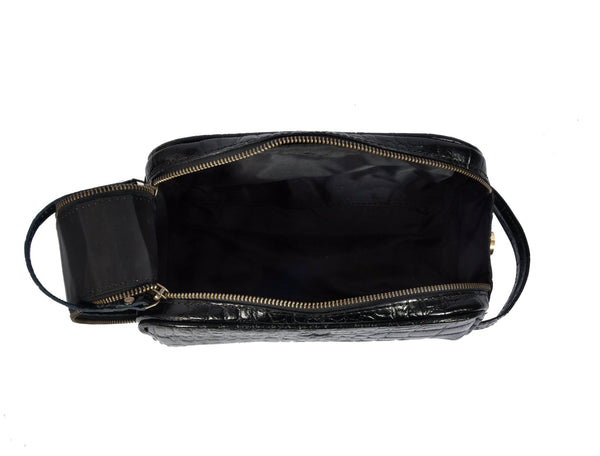 Aubrielle Leather Toiletry Bag - Black Croco - Aaron Leather Goods