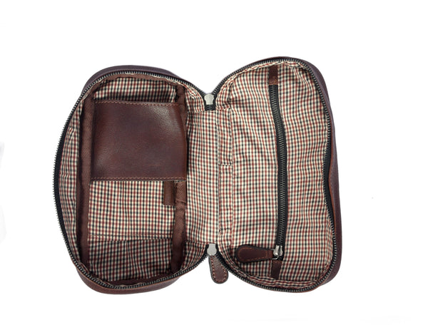 Aaron Reserve Leather Toiletry Bag for Men – Compact Travel Dopp Kit with Handle & Tartan Lining – Premium Brown Grain Leather - Aaron Leather Goods