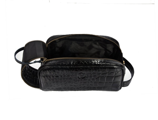 Aubrielle Leather Toiletry Bag - Black Croco - Aaron Leather Goods