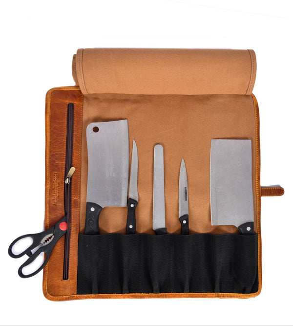 Vintage Leather & Canvas Knife Roll – Premium Chef's Knife Storage Bag - Aaron Leather Goods