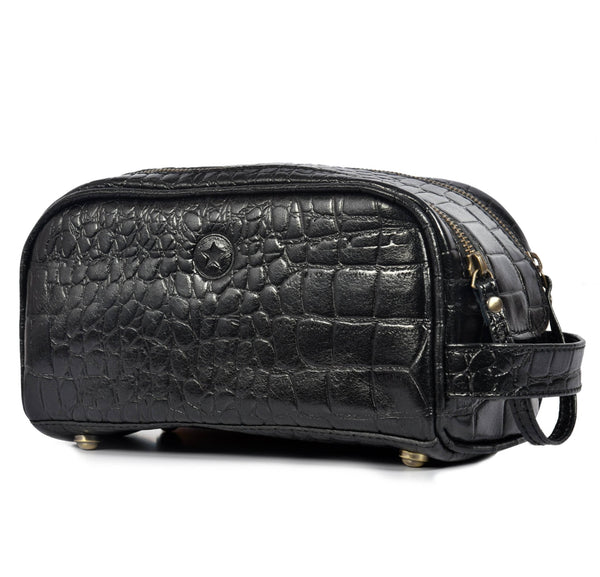 Aubrielle Leather Toiletry Bag - Black Croco - Aaron Leather Goods