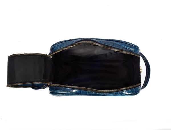 Aubrielle Leather Toiletry Bag - Blue Croco - Aaron Leather Goods