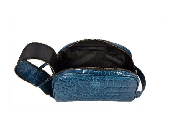 Aubrielle Leather Toiletry Bag - Blue Croco - Aaron Leather Goods