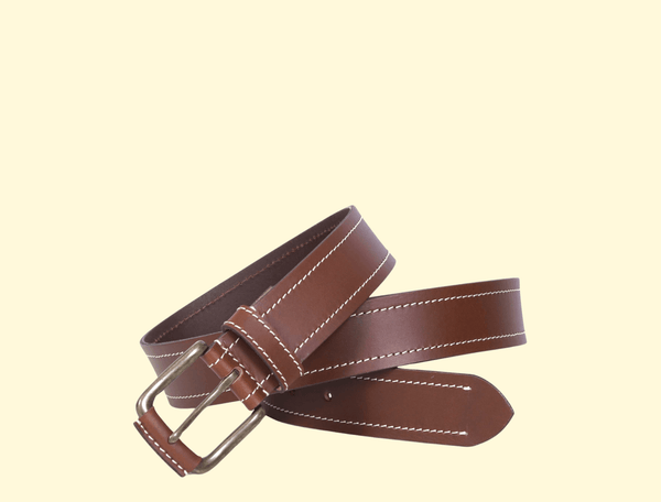 Brown Leather Belt with White Stitching and Antique Brass Buckle – Handmade Genuine Men’s Belt by Aaron Leather Goods