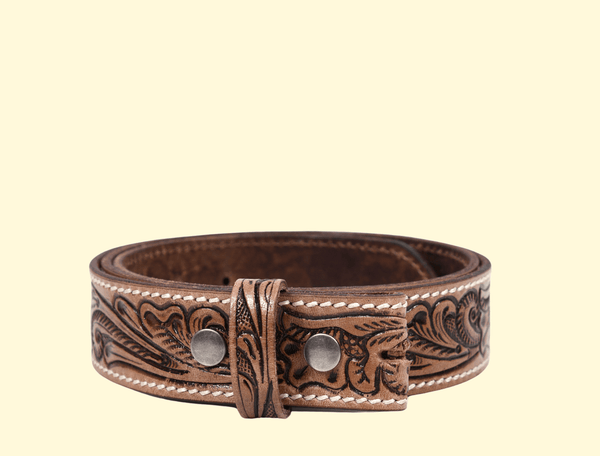 Zynkora Leather Tooled Belt -Brown - Aaron Leather Goods