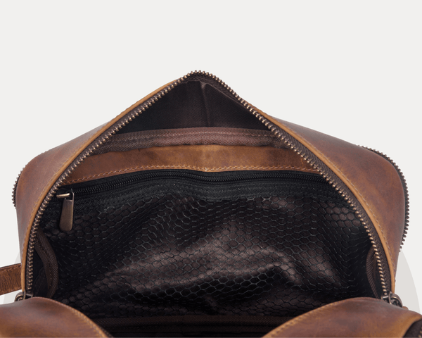 Buffalo Leather Dopp Kit for Men – Vintage Brown Toiletry Travel Bag with Dual Compartments | LH-WB-185 by Aaron Leather Goods - Aaron Leather Goods