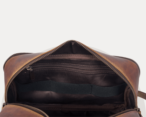 Buffalo Leather Dopp Kit for Men – Vintage Brown Toiletry Travel Bag with Dual Compartments | LH-WB-185 by Aaron Leather Goods - Aaron Leather Goods