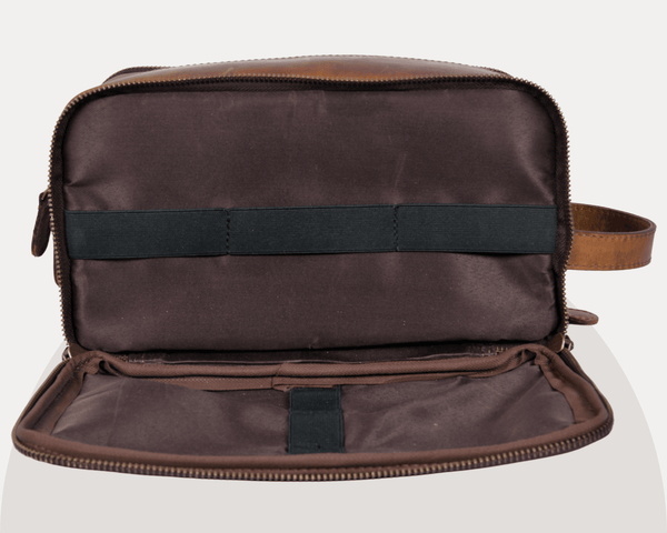 Buffalo Leather Dopp Kit for Men – Vintage Brown Toiletry Travel Bag with Dual Compartments | LH-WB-185 by Aaron Leather Goods - Aaron Leather Goods