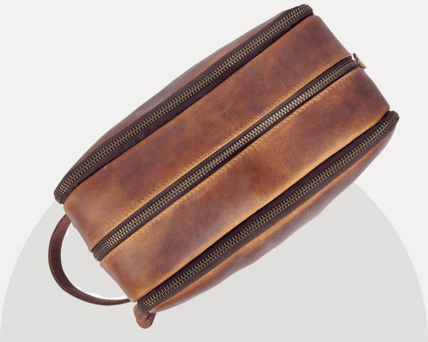 Buffalo Leather Dopp Kit for Men – Vintage Brown Toiletry Travel Bag with Dual Compartments | LH-WB-185 by Aaron Leather Goods - Aaron Leather Goods
