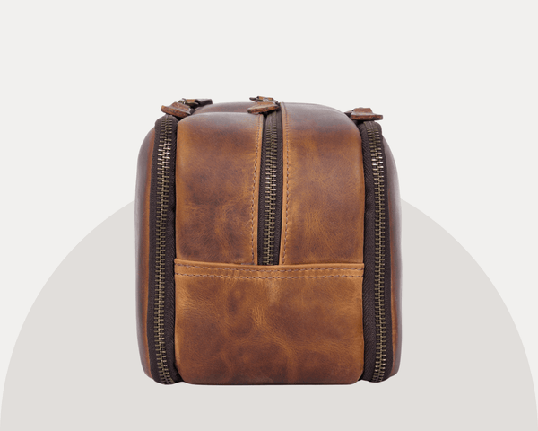 Buffalo Leather Dopp Kit for Men – Vintage Brown Toiletry Travel Bag with Dual Compartments | LH-WB-185 by Aaron Leather Goods - Aaron Leather Goods