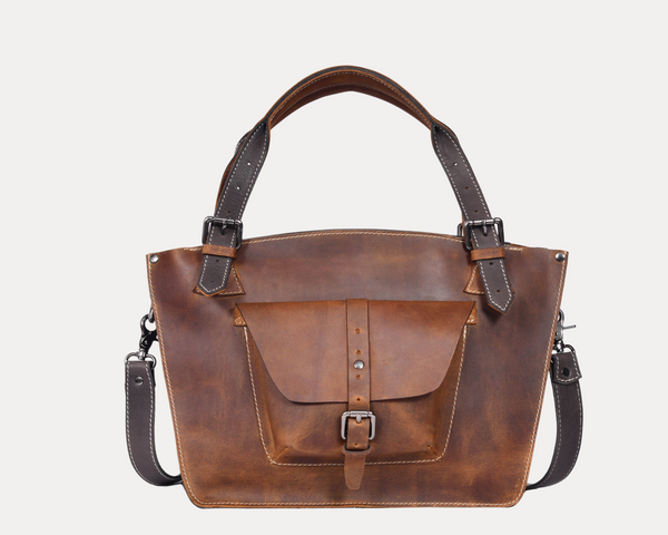 Handmade Vintage Leather Tote Bag for Women – Rustic Satchel Shoulder Handbag with Crossbody Strap & Detachable Pouch – Stylish Work & Travel Laptop Bag