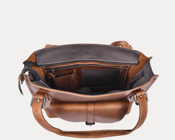 Handmade Vintage Leather Tote Bag for Women – Rustic Satchel Shoulder Handbag with Crossbody Strap & Detachable Pouch – Stylish Work & Travel Laptop Bag - Aaron Leather Goods