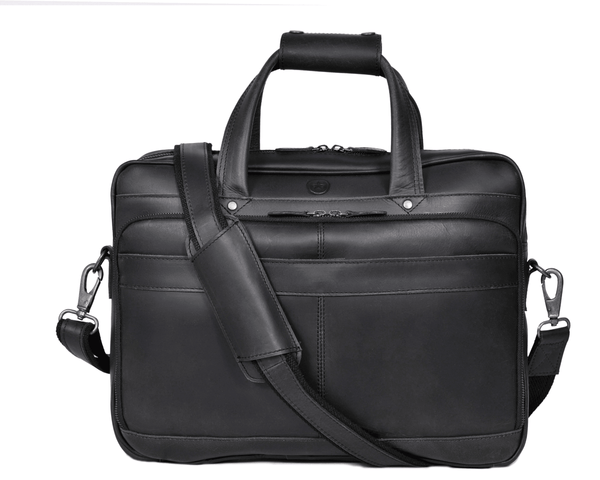 Premium Black Leather Laptop Bag for Men – Stylish Office Briefcase with Shoulder Strap | Business Travel Work Bag - Aaron Leather Goods