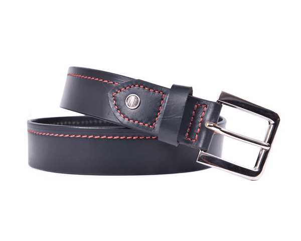 Premium Black Leather Belt with Red Stitching & Silver Buckle - Aaron Leather Goods