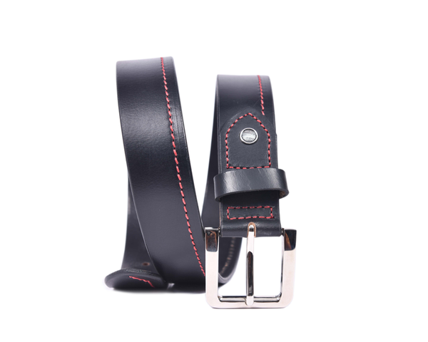 Premium Black Leather Belt with Red Stitching & Silver Buckle