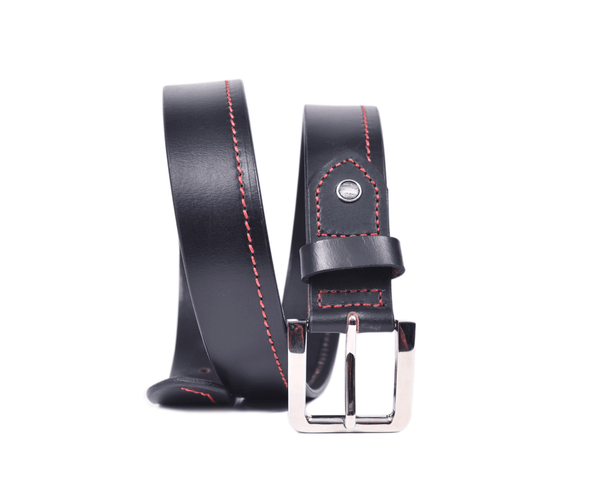 Premium Black Leather Belt with Red Stitching & Silver Buckle - Aaron Leather Goods
