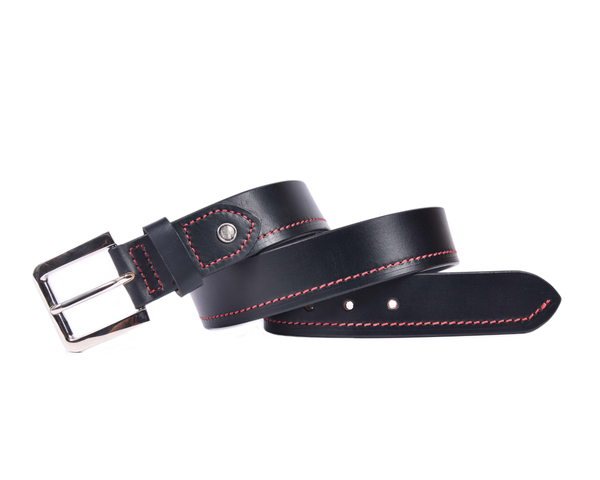 Premium Black Leather Belt with Red Stitching & Silver Buckle