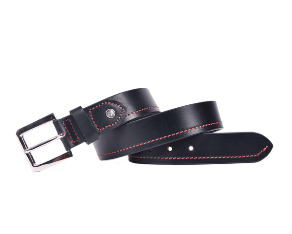 Premium Black Leather Belt with Red Stitching & Silver Buckle - Aaron Leather Goods
