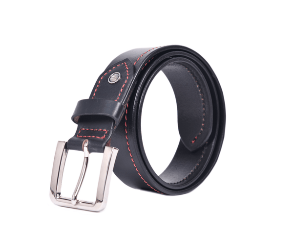 Premium Black Leather Belt with Red Stitching & Silver Buckle - Aaron Leather Goods