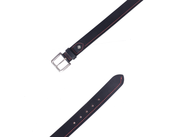 Premium Black Leather Belt with Red Stitching & Silver Buckle