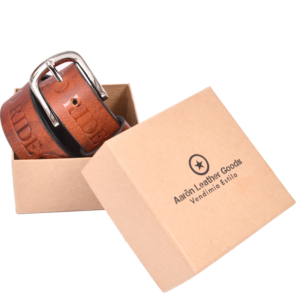 Handcrafted Genuine Leather "Live to Ride" Belt for Men – Vintage Brown Motorcycle Leather Belt with Eagle Embossing & Gift Box