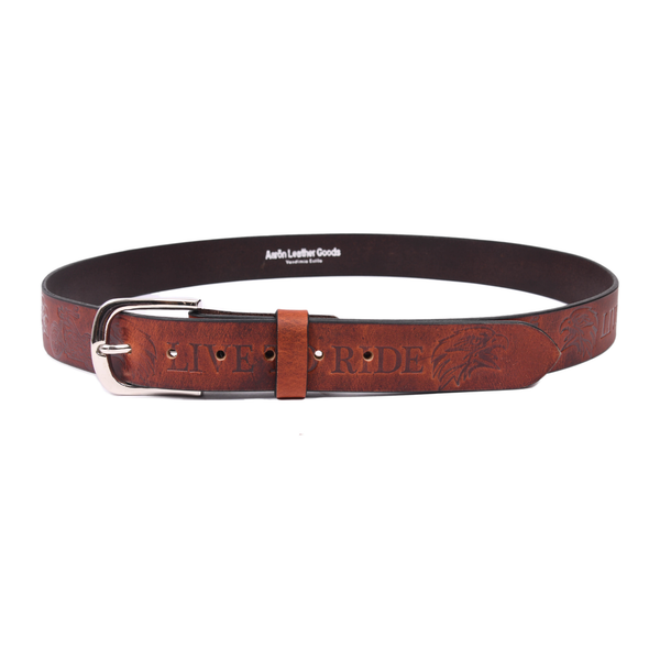 Handcrafted Genuine Leather "Live to Ride" Belt for Men – Vintage Brown Motorcycle Leather Belt with Eagle Embossing & Gift Box