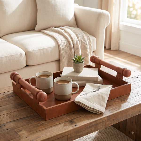 LuxeCraft Leather & Wood Serving Tray - Tan