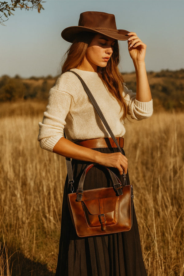 Handmade Vintage Leather Tote Bag for Women – Rustic Satchel Shoulder Handbag with Crossbody Strap & Detachable Pouch – Stylish Work & Travel Laptop Bag