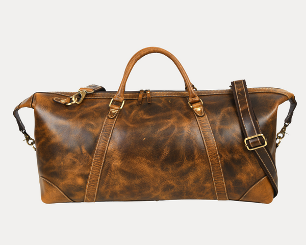 Vintage Brown Full-Grain Leather Duffle Bag with Adjustable Shoulder Strap – Handmade Travel Weekender by Aaron Leather Goods
