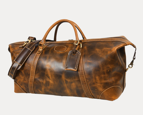 Vintage Brown Full-Grain Leather Duffle Bag with Adjustable Shoulder Strap – Handmade Travel Weekender by Aaron Leather Goods
