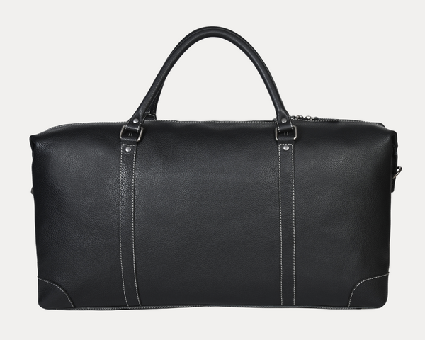Black Full-Grain Leather Duffle Bag with White Stitching – Handmade Travel Weekender by Aaron Leather Goods"