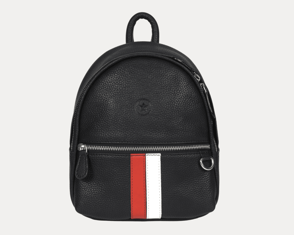 Stylish Black Leather Mini Backpack with Red & White Stripe – Compact Travel & Daily Bag - Aaron Leather Goods