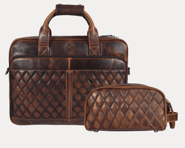 Aaron Leather Goods Quilted Leather Portfolio & Toiletry Bag Combo – Vintage Elegance Meets Everyday Utility - Aaron Leather Goods
